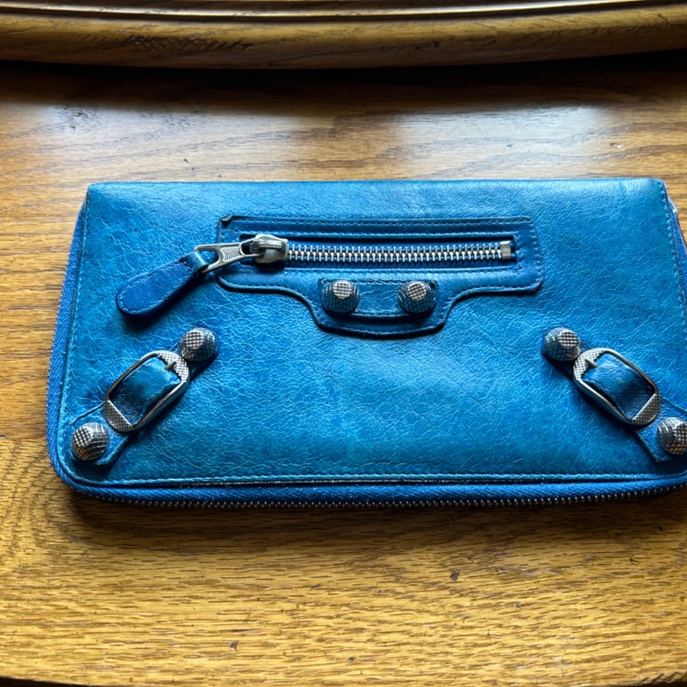 BALENCIAGA Zip Around Wallet, Blue with Giant Silver Hardware